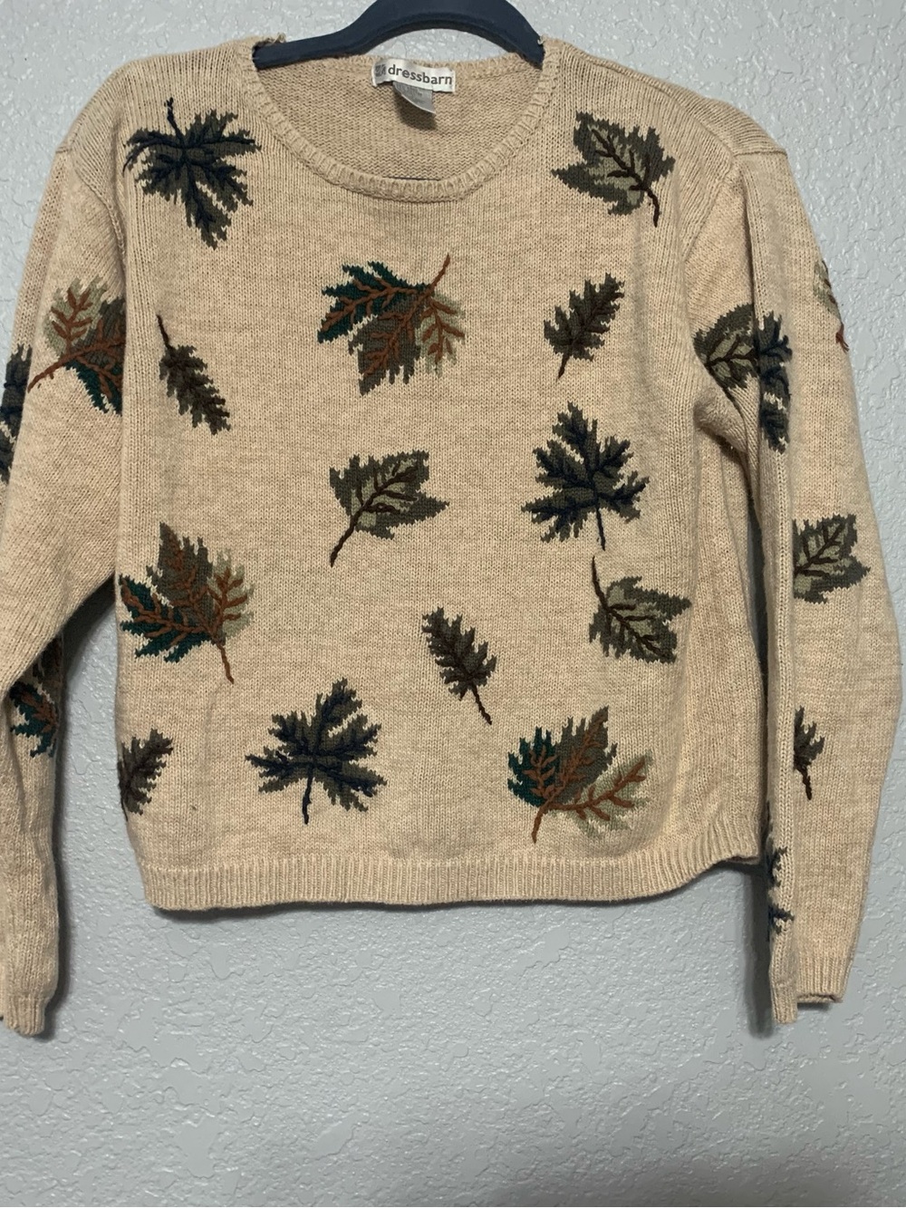 dressbarn Beige Crewneck Sweater with Multicolor Leaf Embroidery